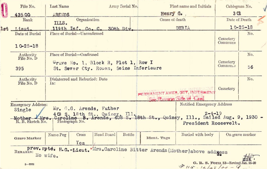 ARENDS Henry G. st Lt Co C 119th Inf 30th Div DCD 25-10-18 blessure cim 56 ROUEN croix 1 à Bony A-12-15 (1).png