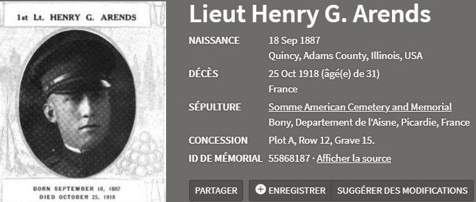 ARENDS Henry G. st Lt Co C 119th Inf 30th Div DCD 25-10-18 blessure cim 56 ROUEN croix 1 à Bony A-12-15 (3).jpg