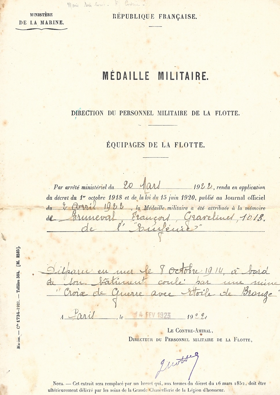 medaille militaire Bruneval François disparu en mer 1922 r.jpg