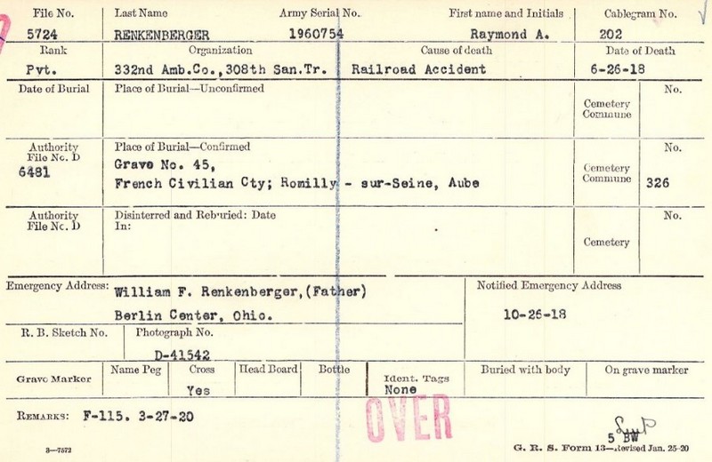 RENKENBERGER Raymond Allen Pvt 332nd Ambulance Co 308th Sanitary Train 83rd Div 1960734 DCD 26-06-18 accident de train cim 326 ROMILLY SUR SEINE croix 45 vers les USA (1).jpg