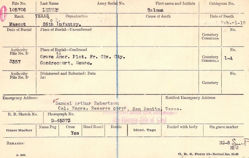 LERMAN Salman Mascot Co E 26th Inf 1st Div DCD 01-02-18 blessure & pneumonie cim 1-A GONDRECOURT croix 41 à MA F-01-34 (1).jpg