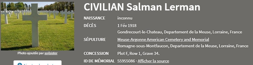 LERMAN Salman Mascot Co E 26th Inf 1st Div DCD 01-02-18 blessure & pneumonie cim 1-A GONDRECOURT croix 41 à MA F-01-34 (3).jpg