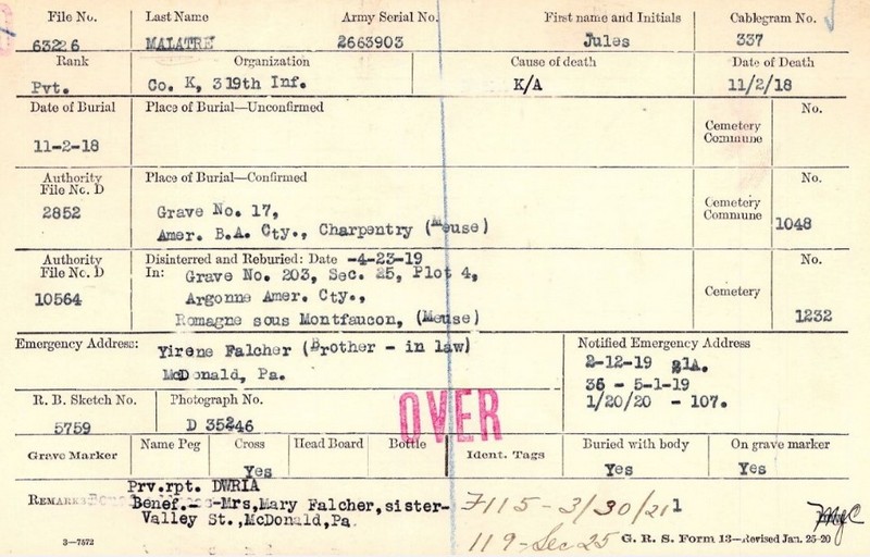 MALATRE Jules ou MALARTRE Jean (français) Pvt Co K 319th Inf 80th Div 2663903 DCD 02-11-18 KIA cim 1048 CHARPENTRY croix 17 le 23-04-19 cim 1232 ROMAGNE croix 203 McDonald en Pennsylvanie pas sur FaG (1).jpg