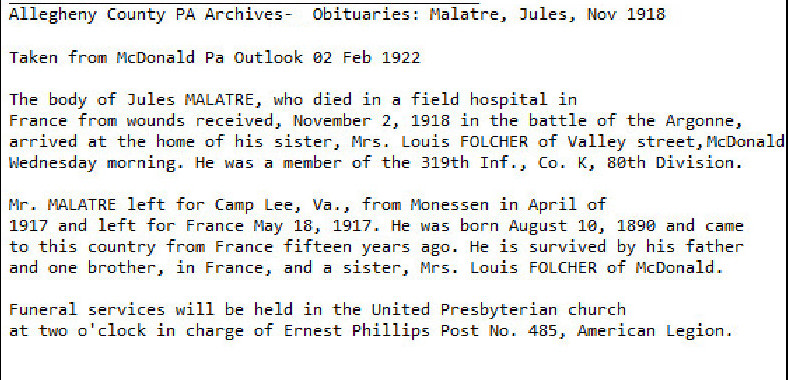 MALATRE Jules ou MALARTRE Jean (français) Pvt Co K 319th Inf 80th Div 2663903 DCD 02-11-18 KIA cim 1048 CHARPENTRY croix 17 le 23-04-19 cim 1232 ROMAGNE croix 203 McDonald en Pennsylvanie pas sur FaG (5A).jpg