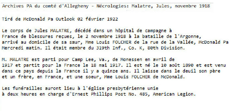 MALATRE Jules ou MALARTRE Jean (français) Pvt Co K 319th Inf 80th Div 2663903 DCD 02-11-18 KIA cim 1048 CHARPENTRY croix 17 le 23-04-19 cim 1232 ROMAGNE croix 203 McDonald en Pennsylvanie pas sur FaG (5B).jpg