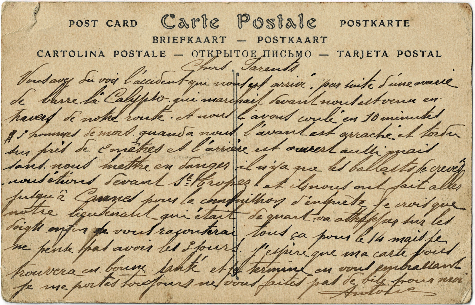 Recto carte postale d'Antoine Vitipon montrant les emplacements des dégâts sur la Cirsé et la Calypso
