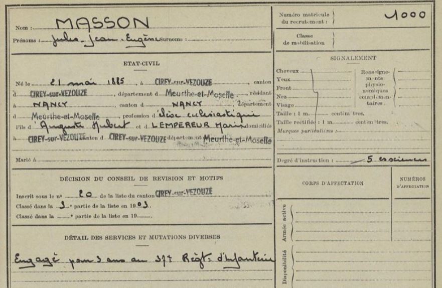 MASSON (J.-J.-E.) - Classe 1905, n° 1000 au recrutement de Nancy-Toul -  .JPG
