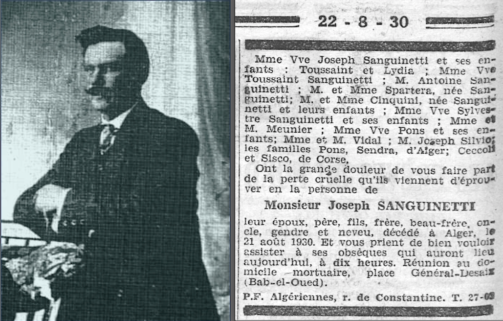 Joseph SANGUINETTI, alerte matelot corse rescapé in-extremis le 2 juin 1917 du VULCANUS torpillé et son faire-part de décès en 1930.png