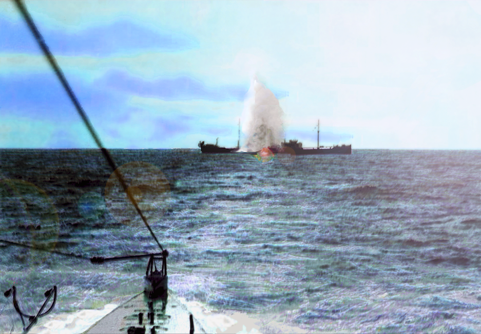 Torpillage de la machine du VULCANUS par l'U47 à 6 miles de Spartivento en Mer Ionienne, le 3 juin 1917 à 11 h 25 mn.png