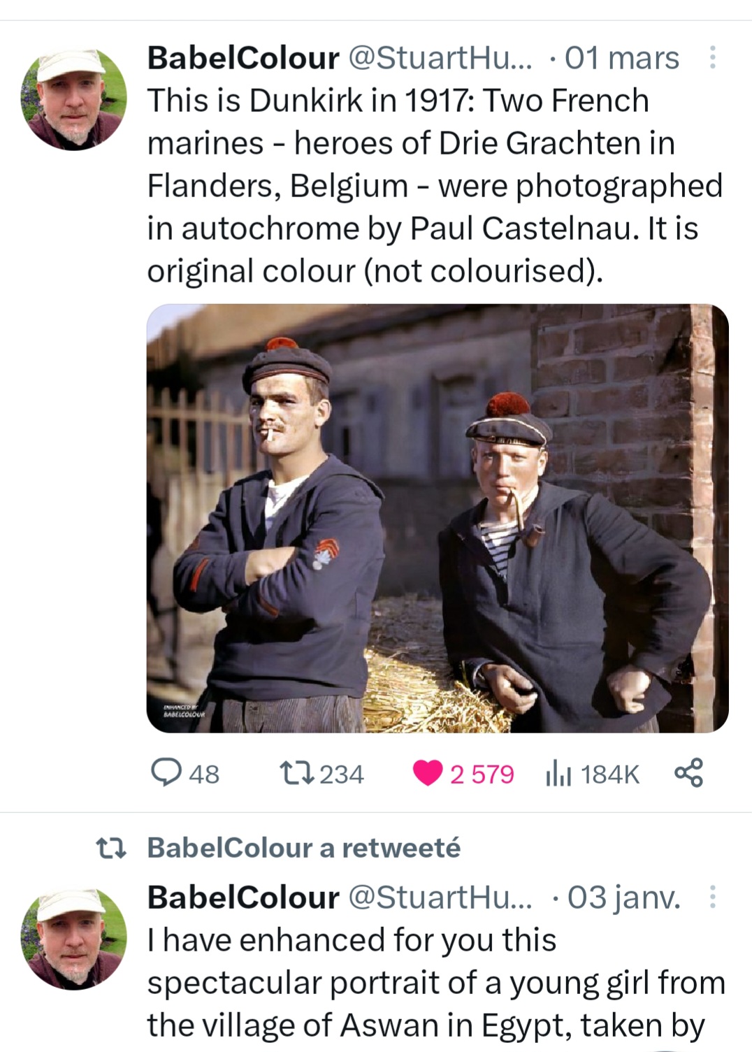 Tweet de BabelColour 1/03/2023. Restauration d'une photographie de Paul Castelnau. Fusiliers marins français de 1917.