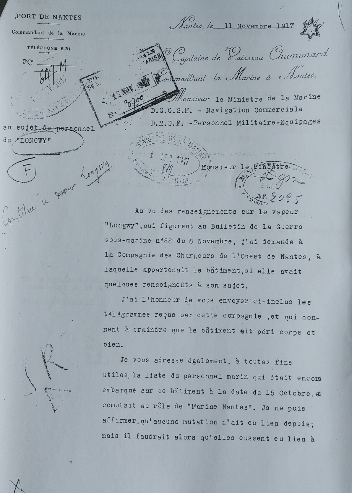 Lettre CV Chamonard, 11 novembre 1917.