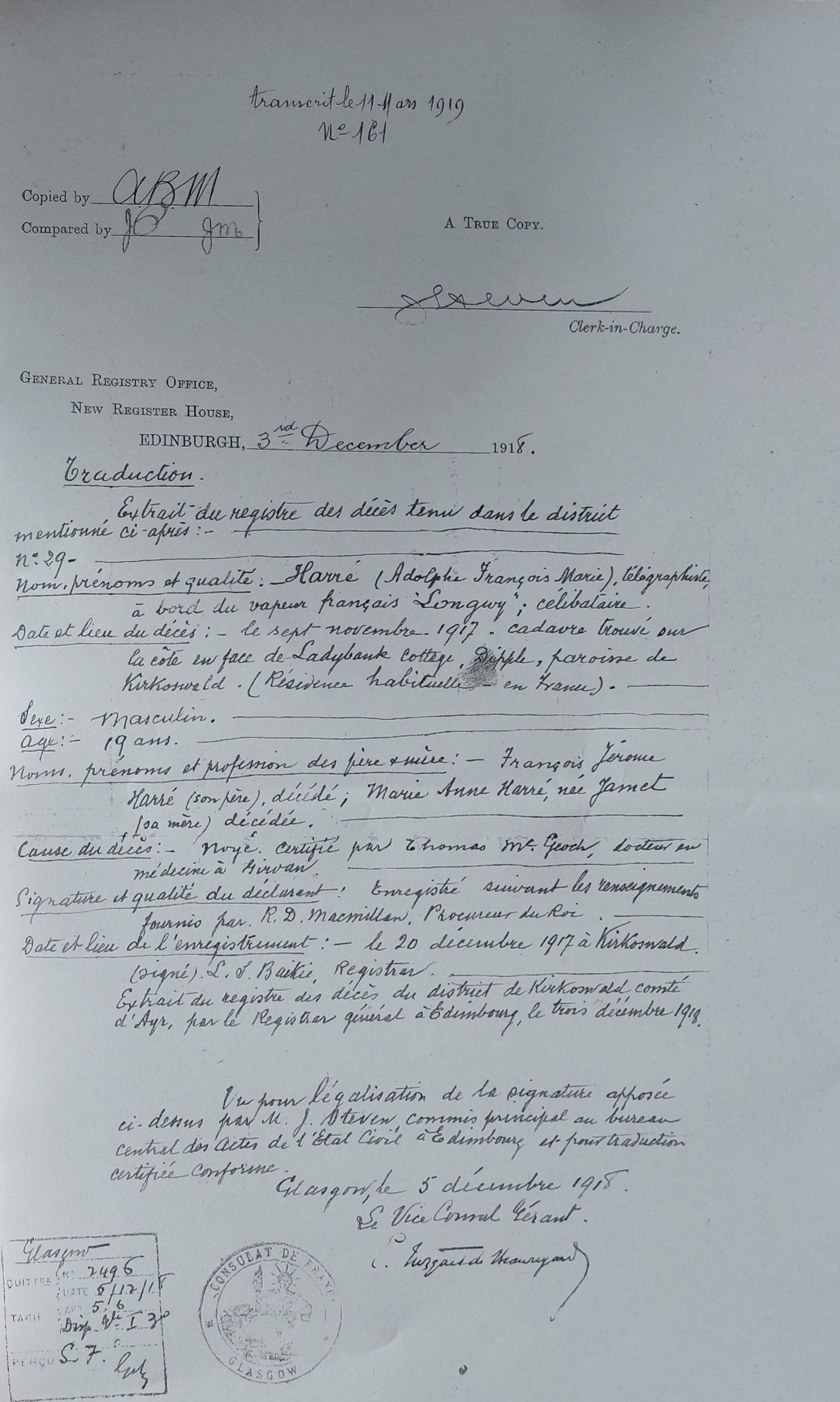 Traduction de l'acte de décès en langue française, consulat de France, 1918.