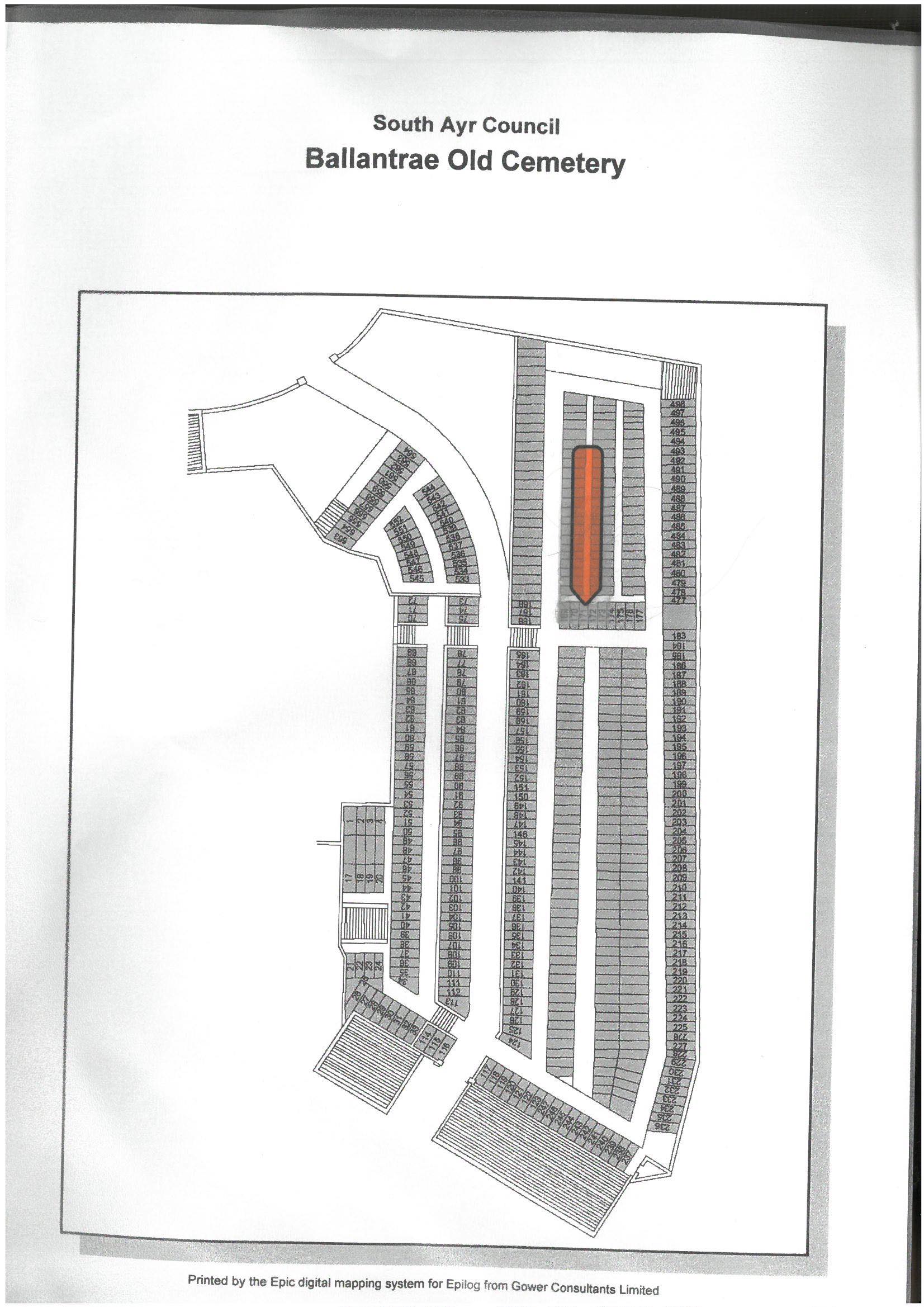 Plan du cimetière de Ballantrae. Fléchage de la parcelle 171.