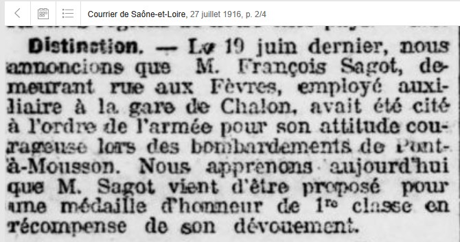 François Sagot - Chalon - Courrier de Saone et Loire 27 juillet 1916.jpg