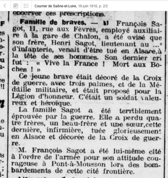 François Sagot - Chalon - Courrier de Saone et Loire 19 juin 1916.jpg