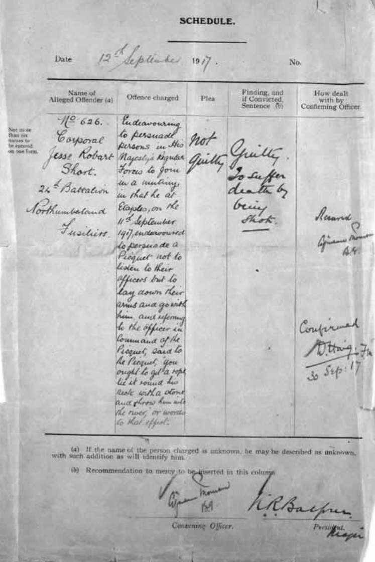 Pièce du procès du caporal Jesse Robert Short, cour martiale du 12 septembre 1917. The National Archives, Royaume-Uni. <br />Traduction en français ci-dessus.