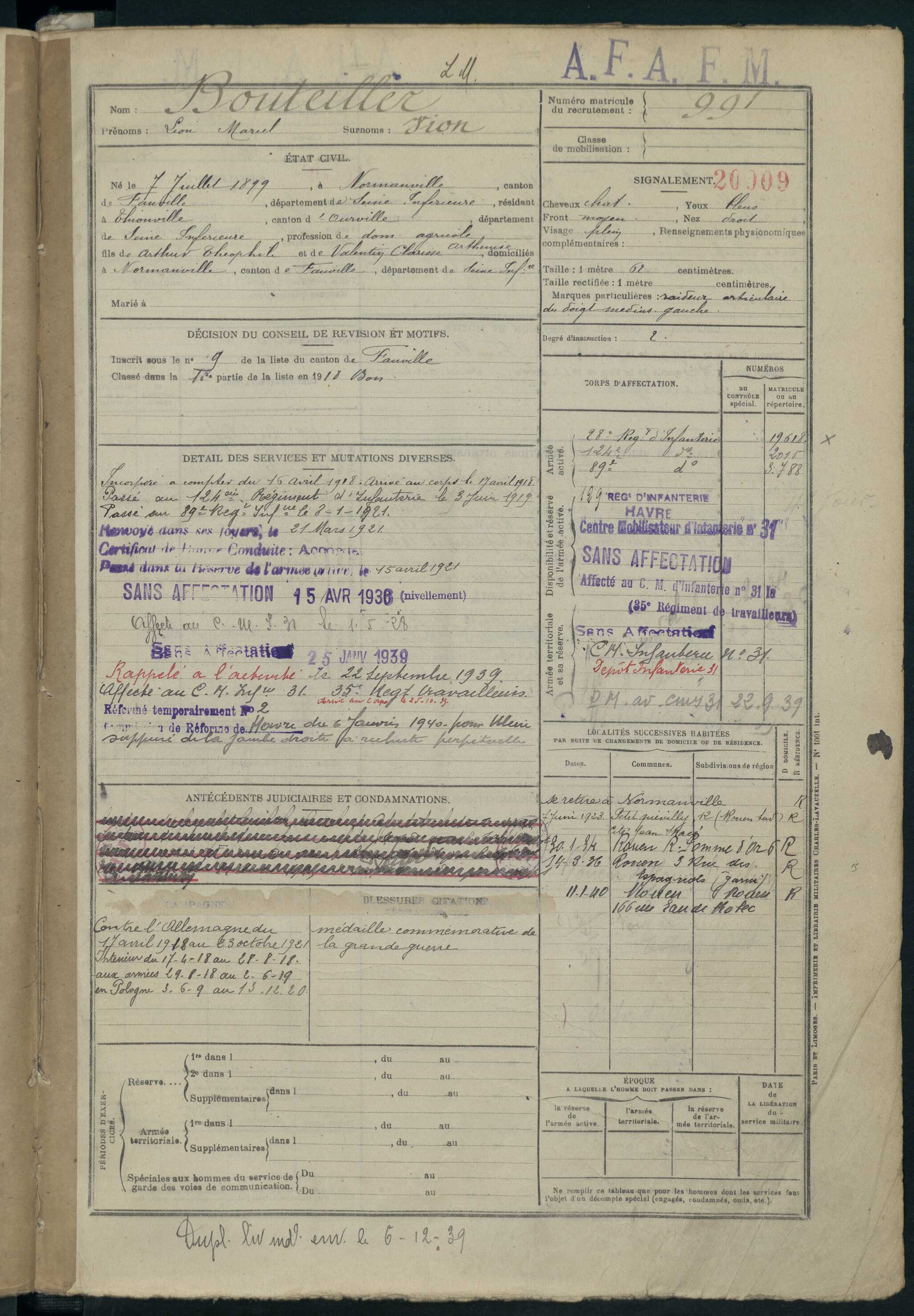 Fiche militaire de Léon Marcel BOUTEILLER 1.JPG
