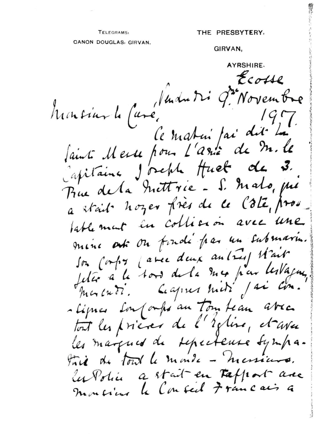 Lettre du curé de Girvan. Famille Huet.