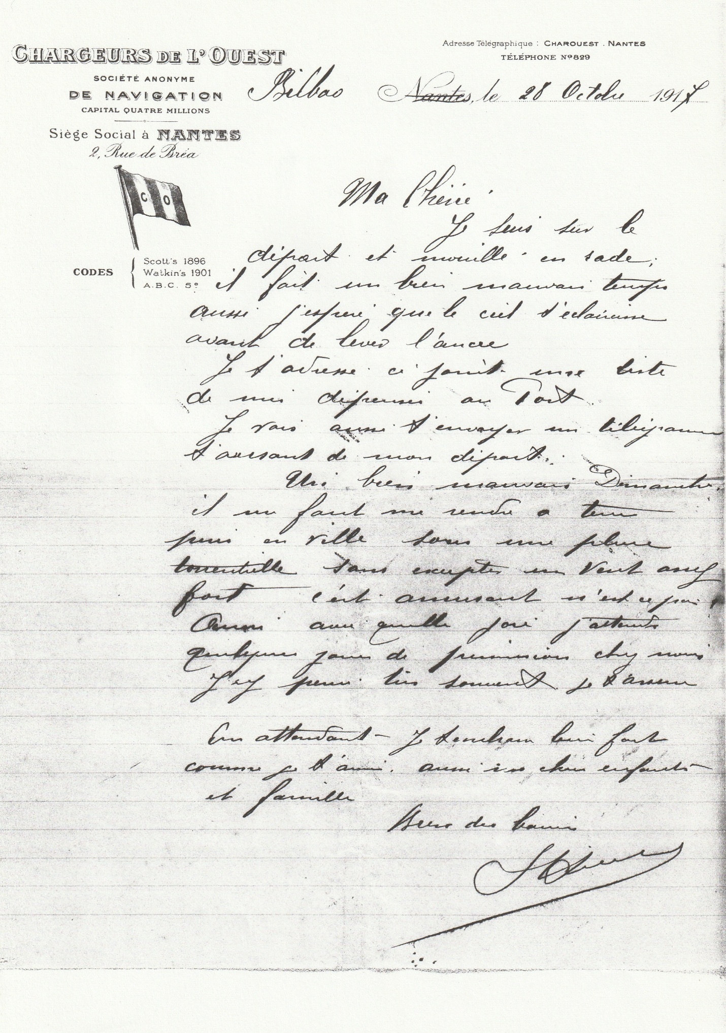 Dernière lettre  du capitaine du Longwy à sa famille. <br />28 octobre 1917.