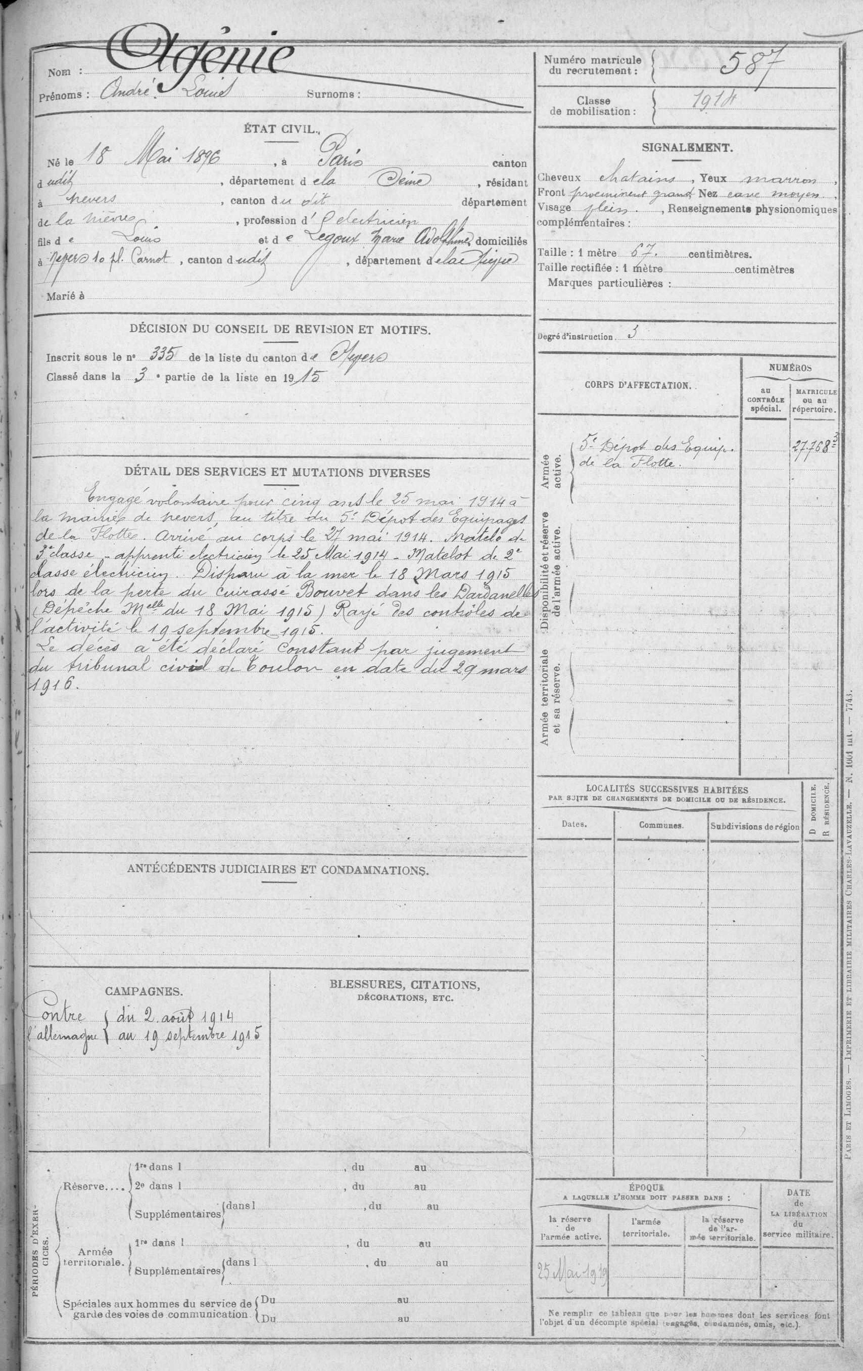 Fiche Matricule - André Louis AGENIE