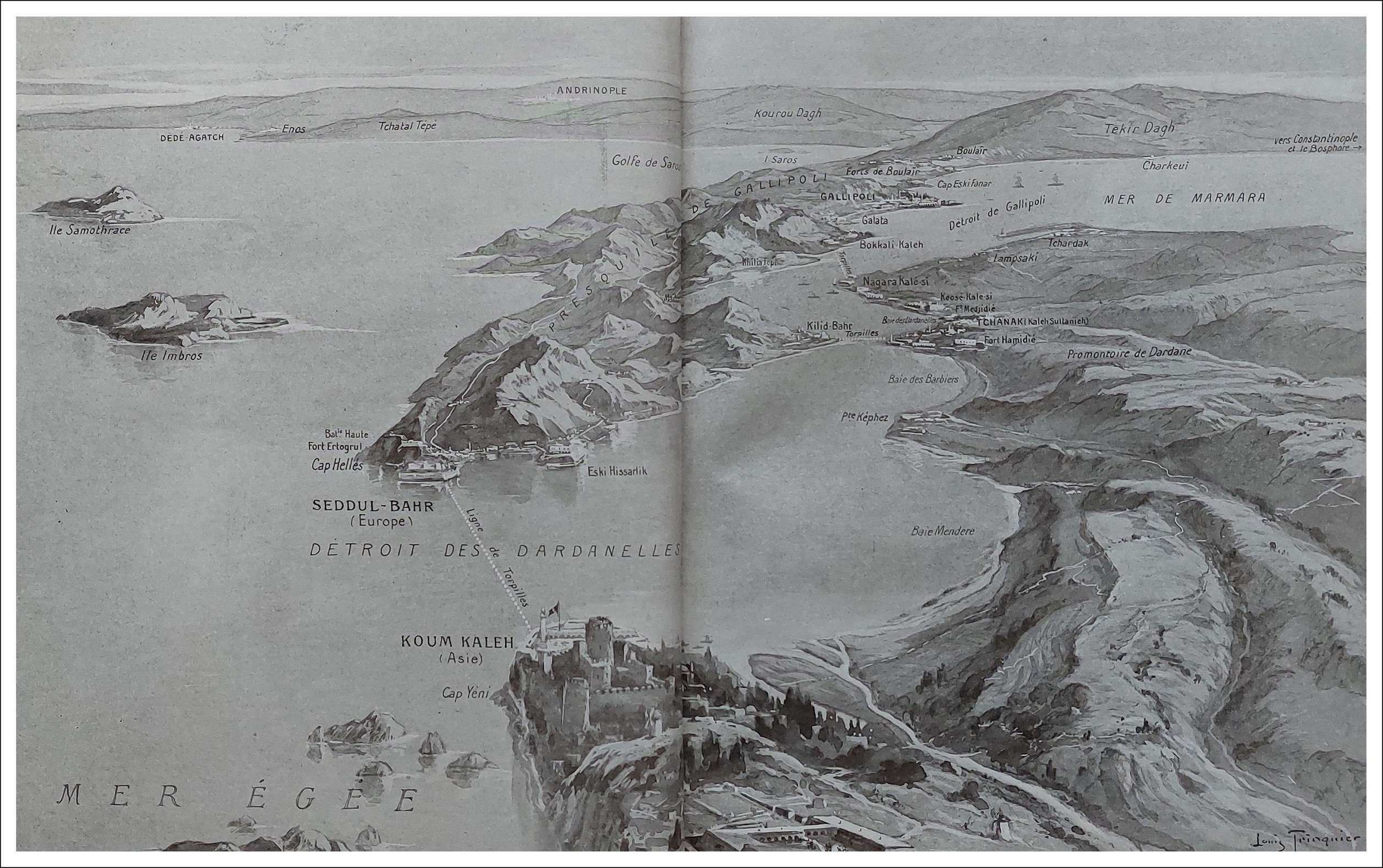 Vue panoramique du détroit des Dardanelles et des forts de ses deux rives, dont une importante escadre anglo-française a commencé le bombardement.
