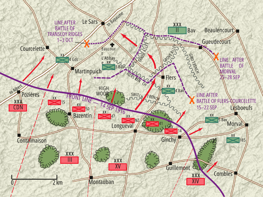 La Nouvelle-Zélande sur la Somme, 1916.<br />Geographx, site NZ History, Ministère de la Culture, gouvernement néo-zélandais.