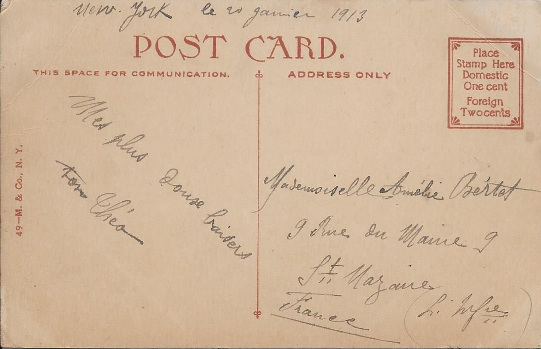 Carte postale depuis New York à sa fiancée. <br />Document familial - Tous droits réservés.