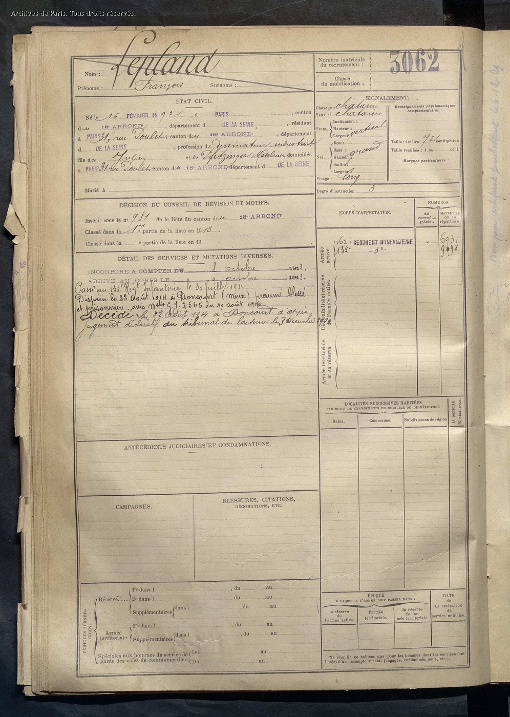 Fiche matricule