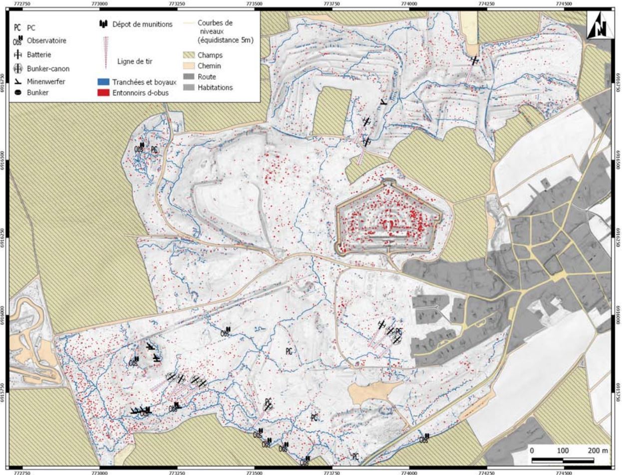 Synthèse de l’analyse spatiale des polémo-formes du massif de Brimont à partir du traitement automatique de l’image Lidar (fond Sky View Factor dérivé du Lidar)
