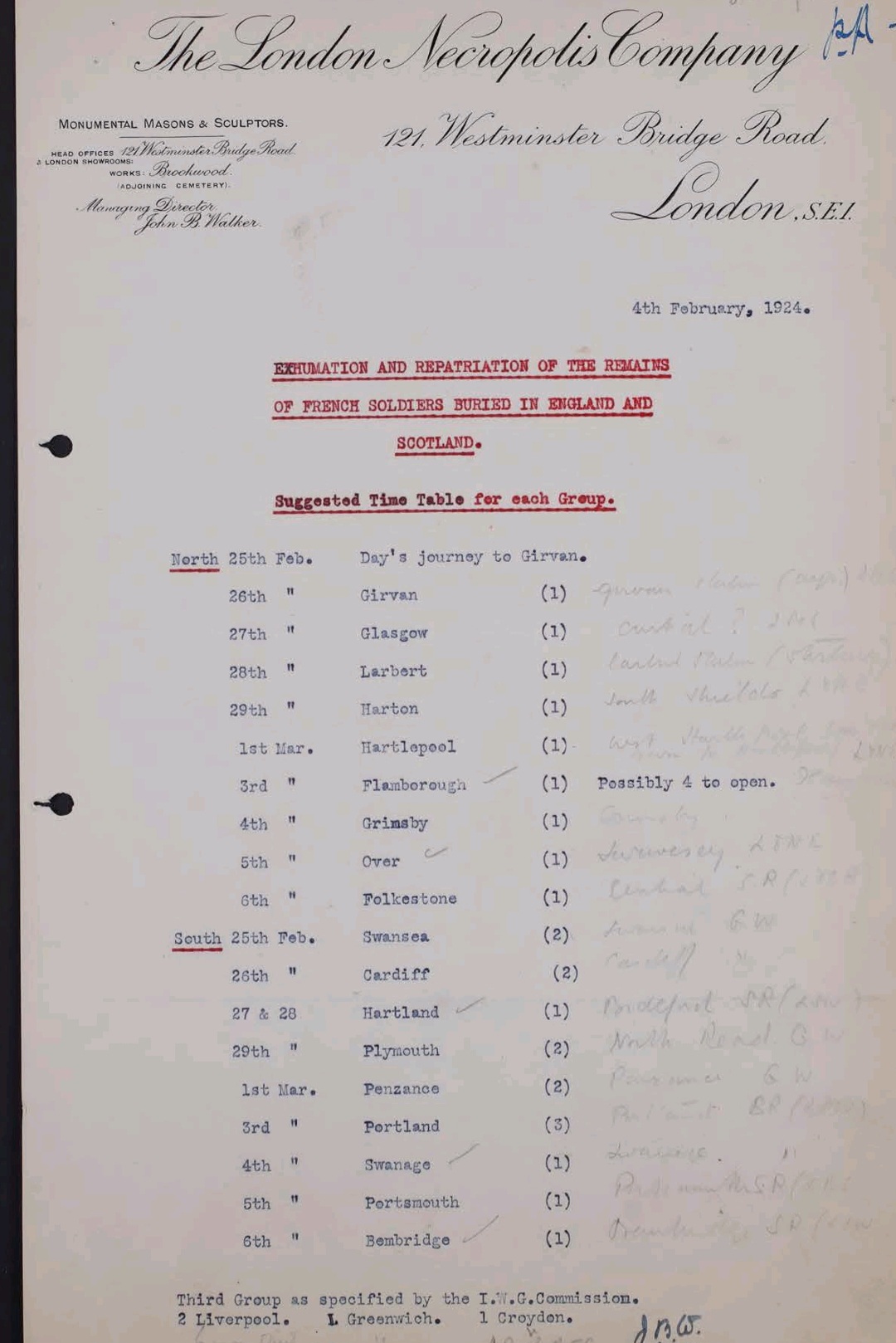 Entreprise de pompes funèbres London Necropolis Company. Organisation des collectes.<br />Archives CWGC, Royaume-Uni.