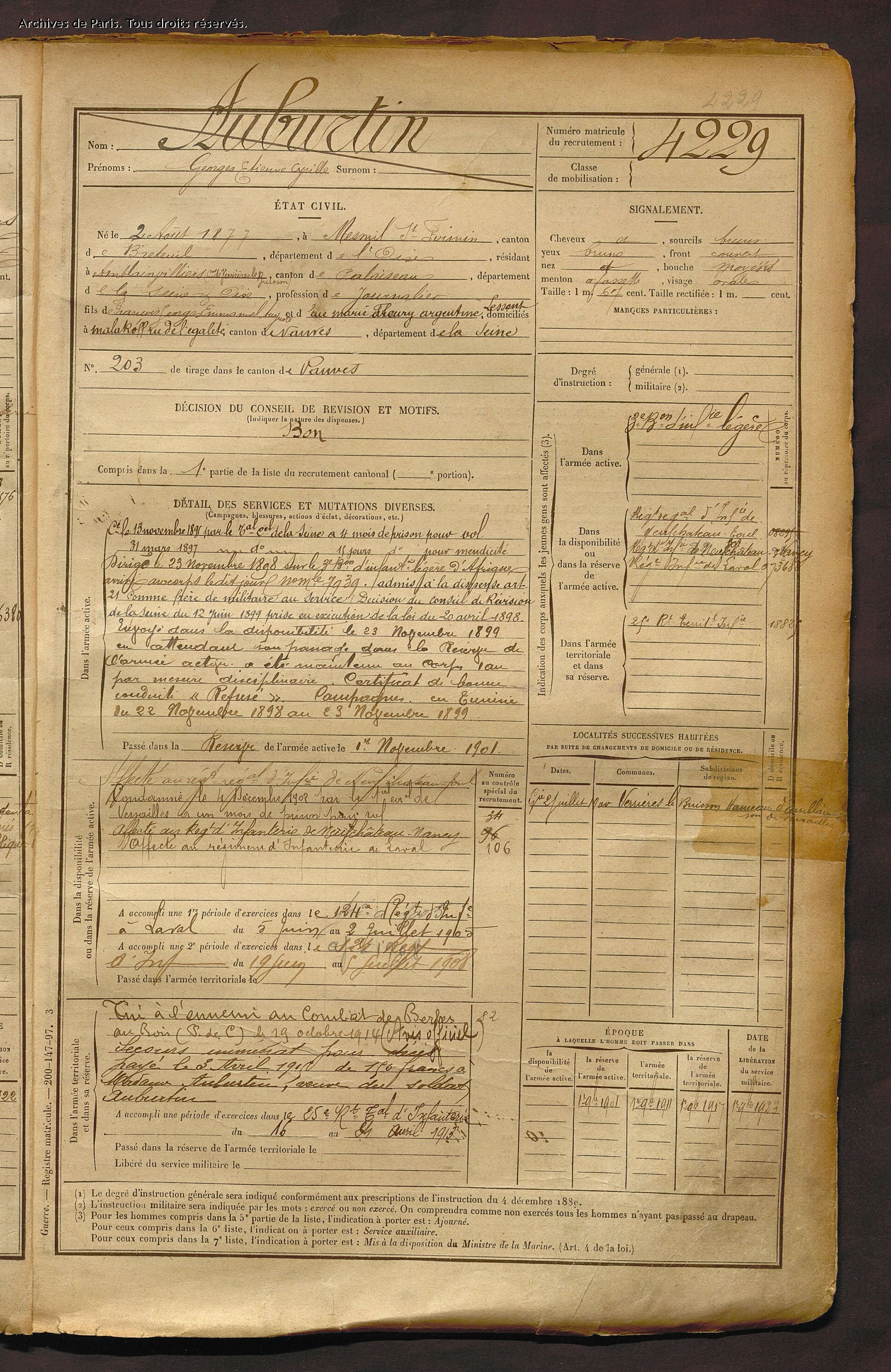 fiche matricule de Georges AUBURTIN