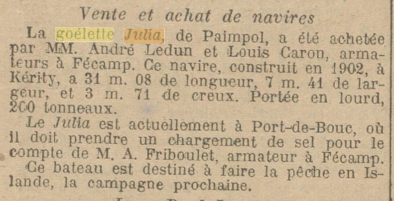 Vente de la goélette JULIA