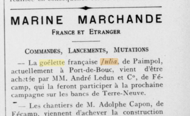 Vente de la goélette JULIA