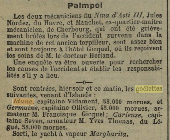 IDUNA - Capitaine Vidament - Armateur Francisque Gicquel - Paimpol
