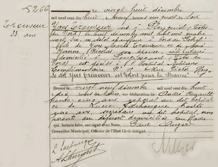 TREUVEUR (Y.) - Acte de décès - .JPG