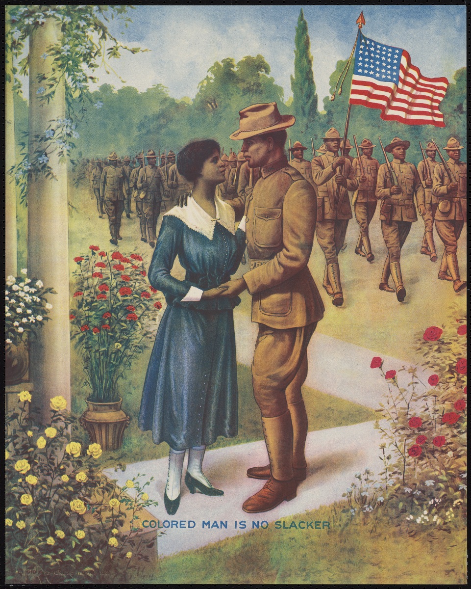 &quot;The colored man is no slacker.&quot;<br />&quot;slacker&quot; = &quot;paresseux&quot;, ici &quot;ne se dérobe pas à son devoir militaire.&quot; <br />Chicago 1918. <br />Source document Wikicommons.