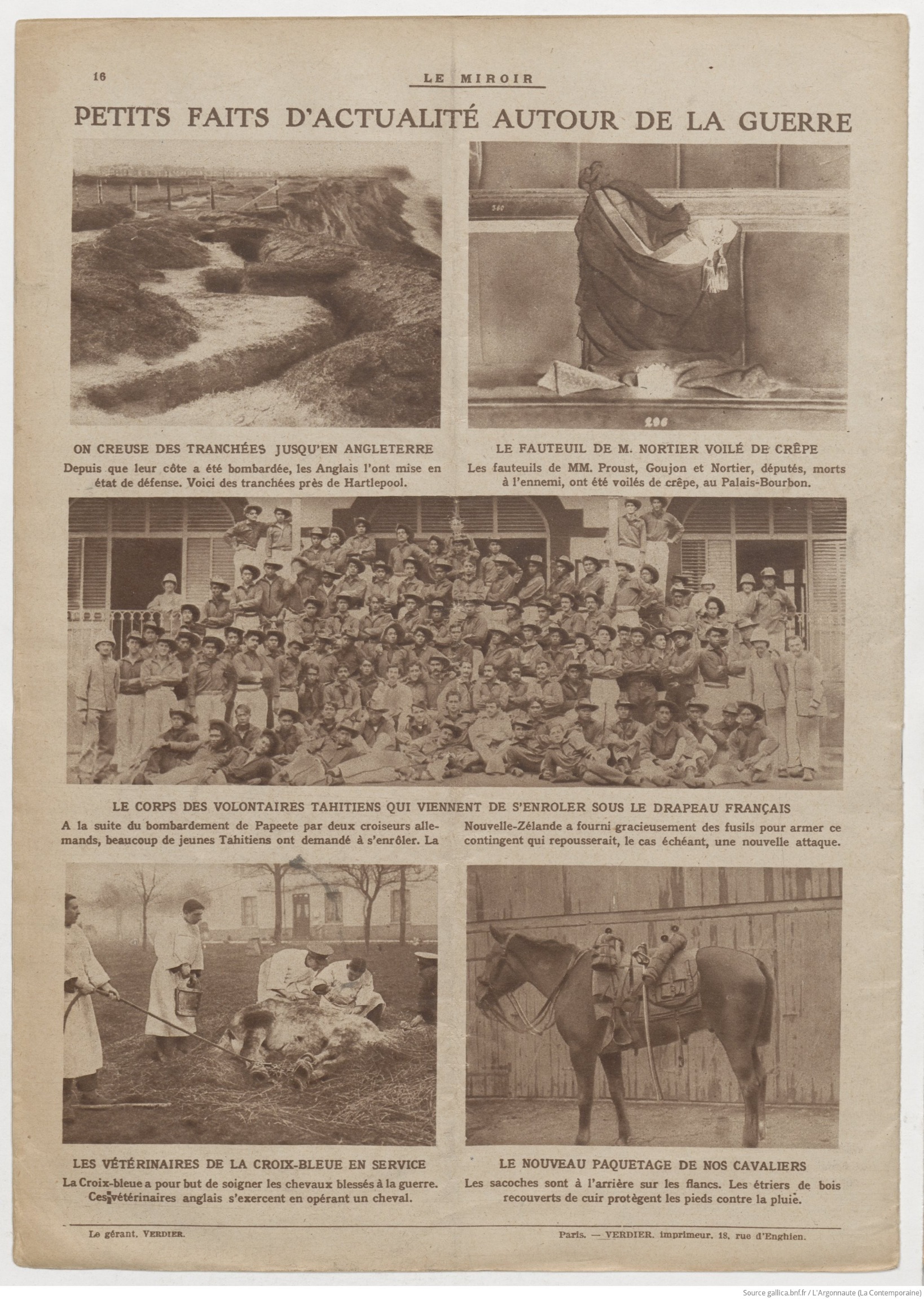 Le Miroir, N° 59 du dimanche 10 janvier 1915. &quot;Les vétérinaires de la Croix-Bleue en service. La Croix-Bleue a pour but de soigner les chevaux blessés à la guerre. Ces vétérinaires anglais s'exercent en opérant un cheval&quot;.<br />Document BnF  / Gallica.