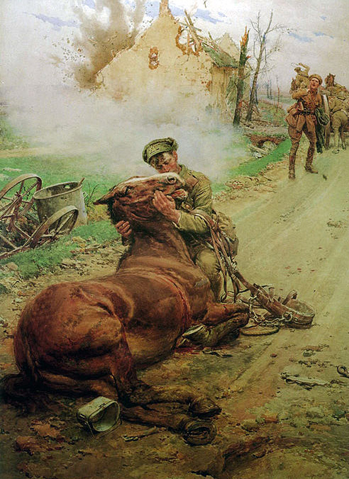 &quot;Adieu mon Vieux !&quot;. Intitulé &quot;Good-bye Old Man!&quot;, ce tableau de l'artiste italien Fortunino Matania a été réalisé au profit des bonnes œuvres de la Croix-Bleue britannique en 1916.