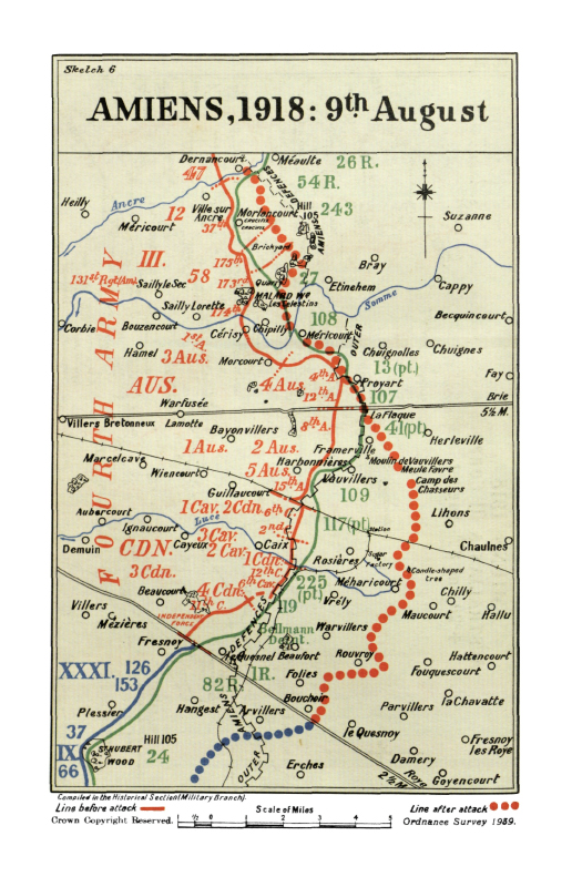 Ligne de front à l'ouest du secteur Parvillers / Roye / Nesle, 9 août 1918, carte Brigadier-General Sir James E. Edmonds, His Majesty's Stationary Office, Londres, 1947.