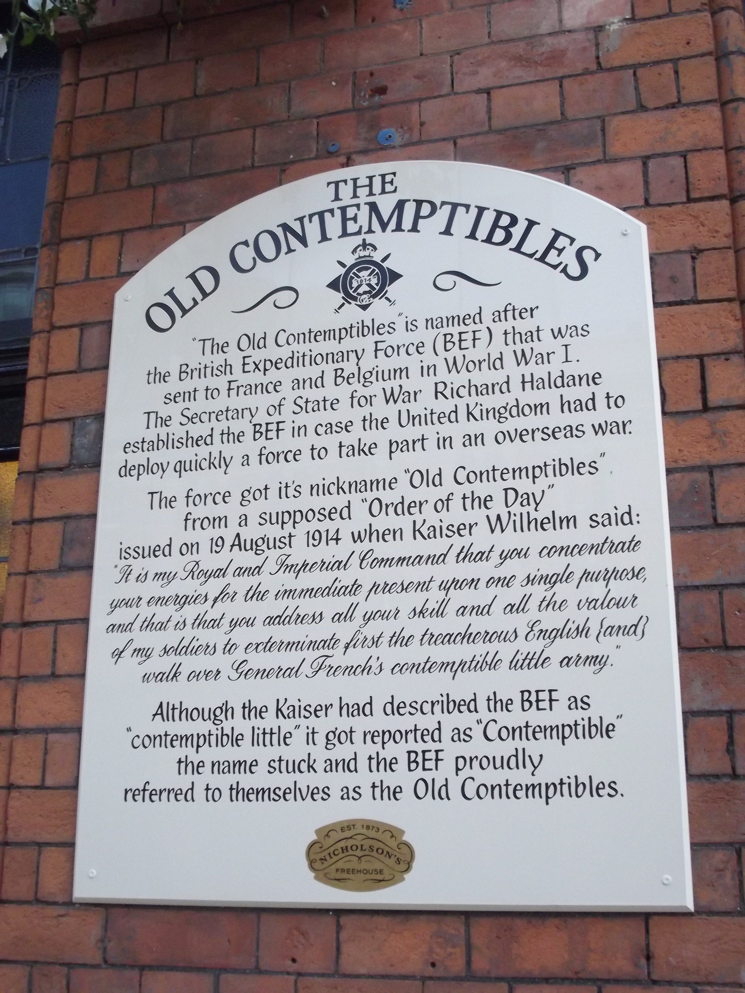 The Old Contemptibles, pub à Birmingham. <br />Lieu fréquenté après-guerre par les vétérans. Photo Wikicommons.