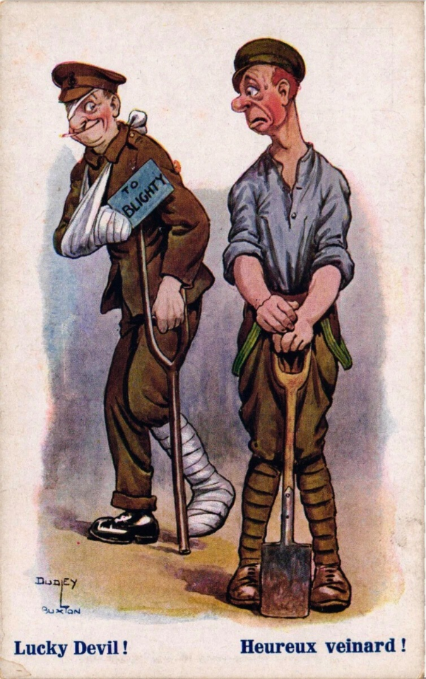 Carte postale humoristique d'époque. <br />&quot;To Blighty&quot; : rapatrié en Angleterre.