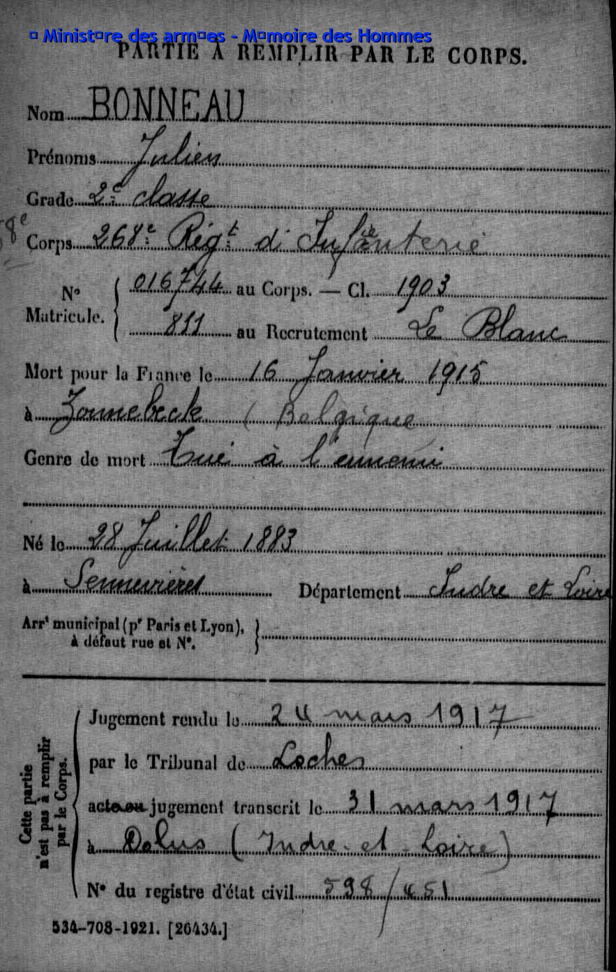 armée 1903 Bonneau Julien fiche mort pour la France 19150116 Zonnebeke Belgique.JPG