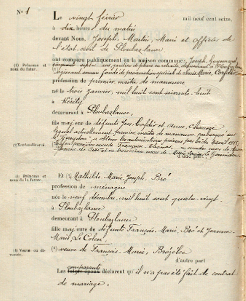 Ploubazlanec - 1916 - Mariages, f° 2, acte n° 1 - A - .PNG