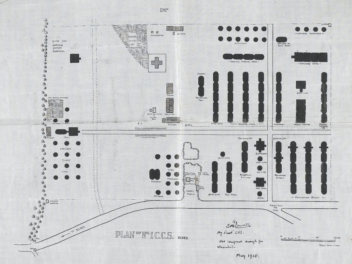 Plan de la Casualty Clearing Station N°1, en mai 1918 à Elnes (Pas-de-Calais).<br />Source Wikimedia Commons.
