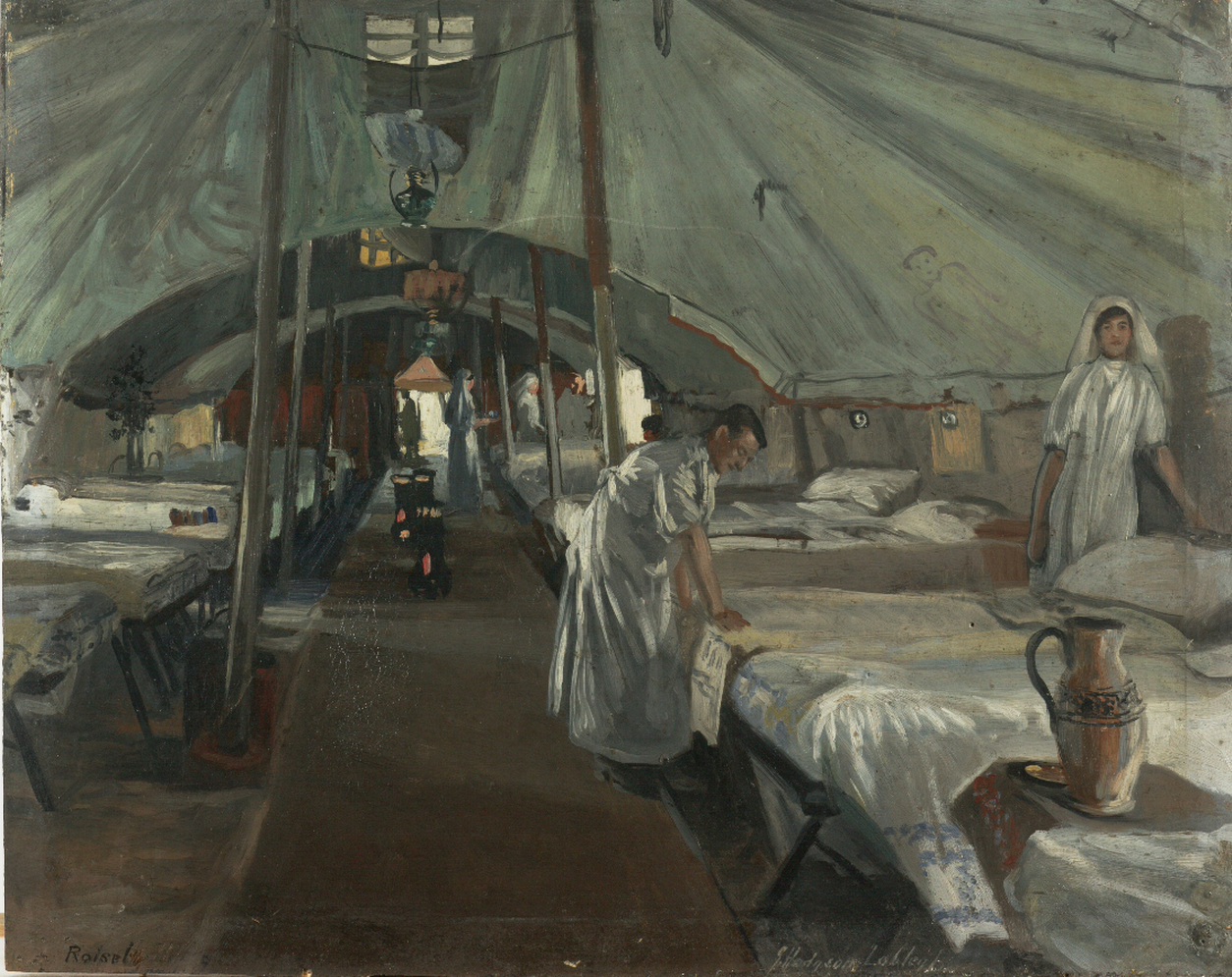 Pavillon des officiers, Casualty Clearing Station 41. 1918. Tableau de J. Hodgson Lobley. Source Wikicommons.