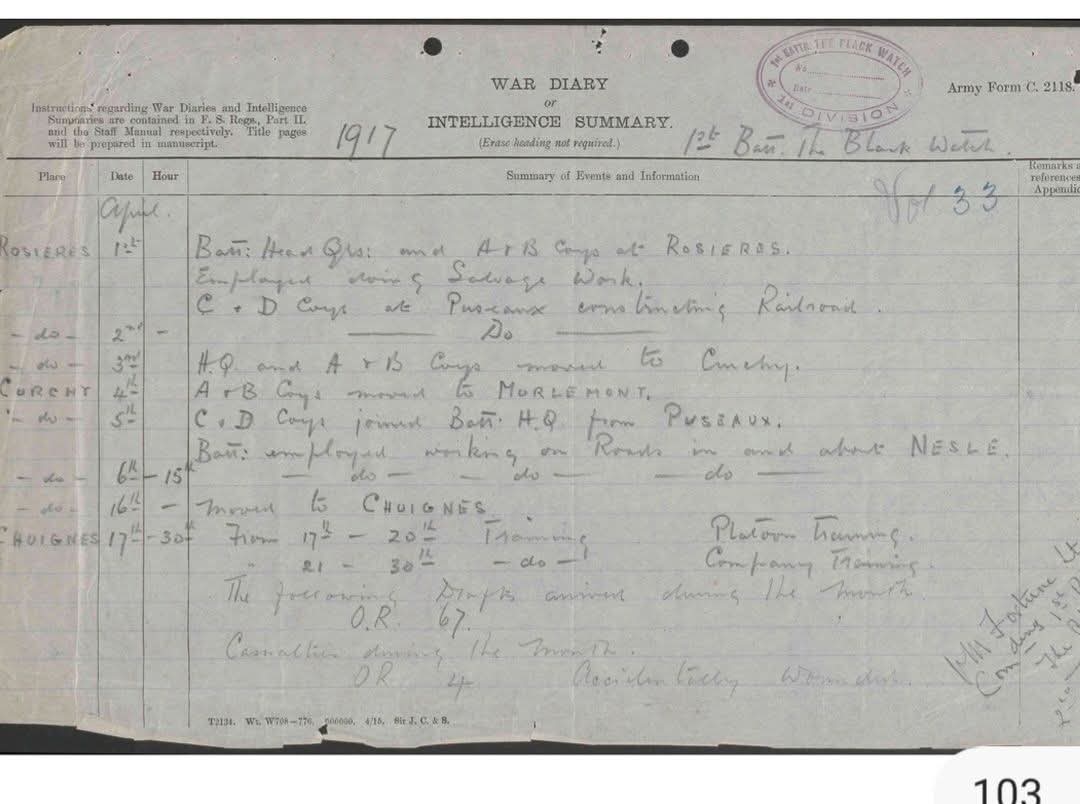 Journal (&quot;War diary&quot;) du 1er Bataillon The Black Watch. <br />Aimablement communiqué par Andy Murray de la Royal Engineers Historical Society.