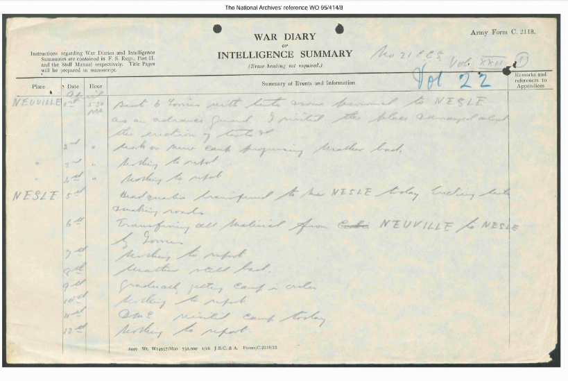 War Diary. Journal de l'unité. Source The National Archives, Royaume-Uni.