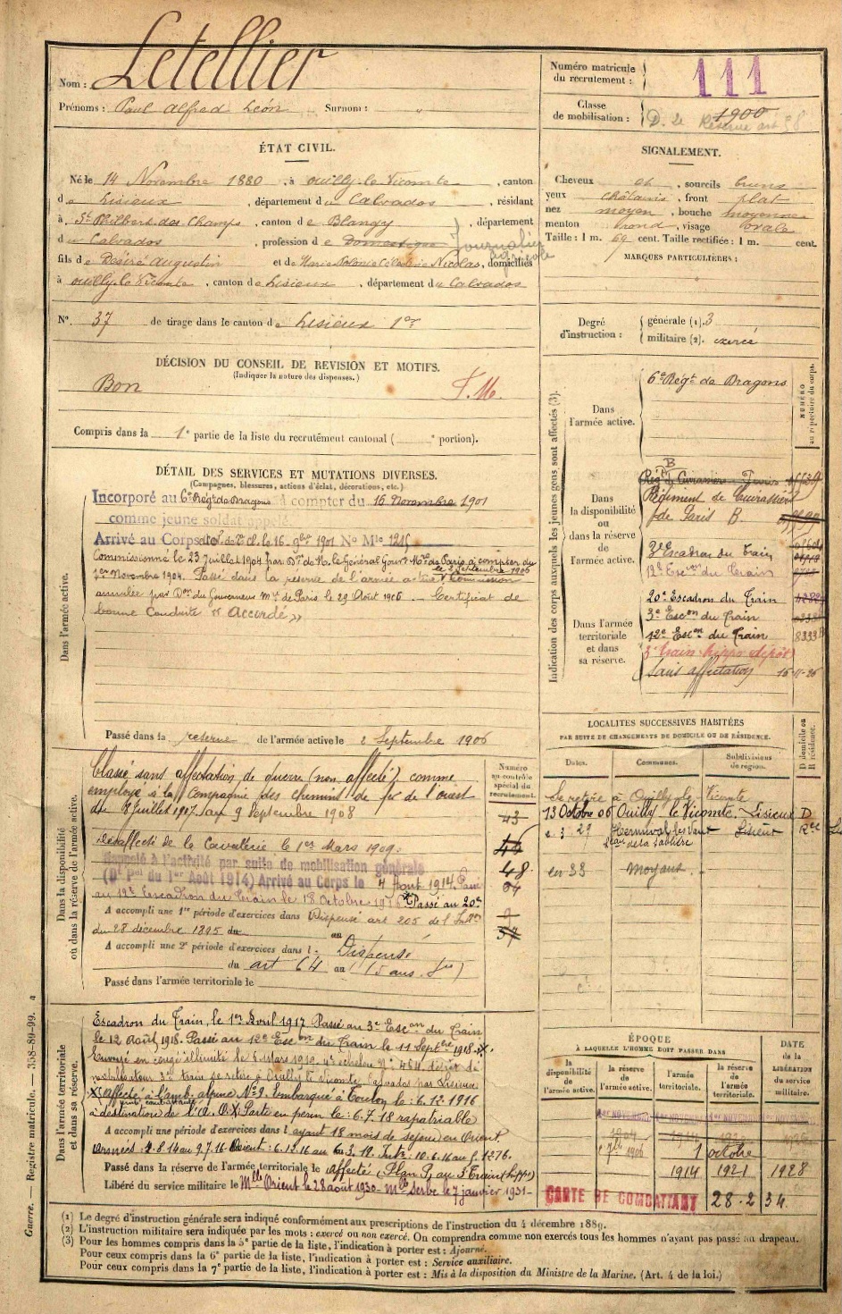 Registre matricule Paul Alfred Léon Letellier