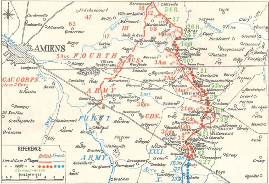 Situation le 11 août 1918. Carte extraite du volume 4, Military Operations France and Belgium 1918, par le Brigadier-General Sir James Edmonds.