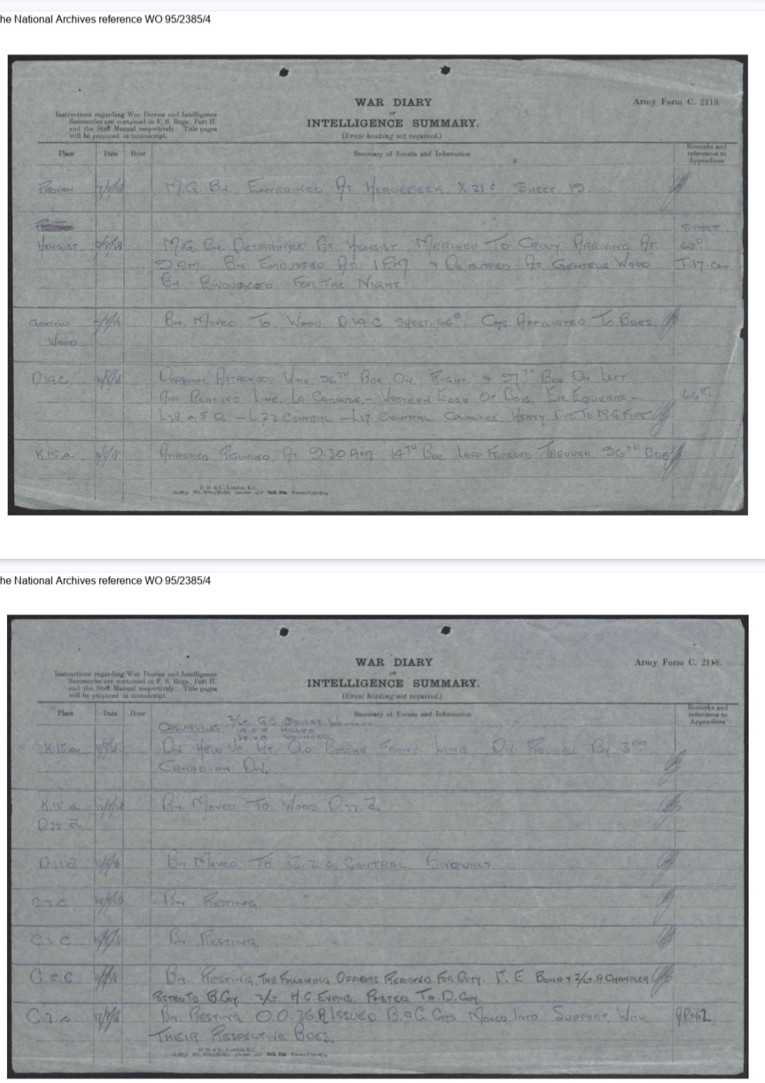 Journal de l'unité, archives britanniques. Référence WO 95/2385/4, The National Archives, Royaume-Uni.